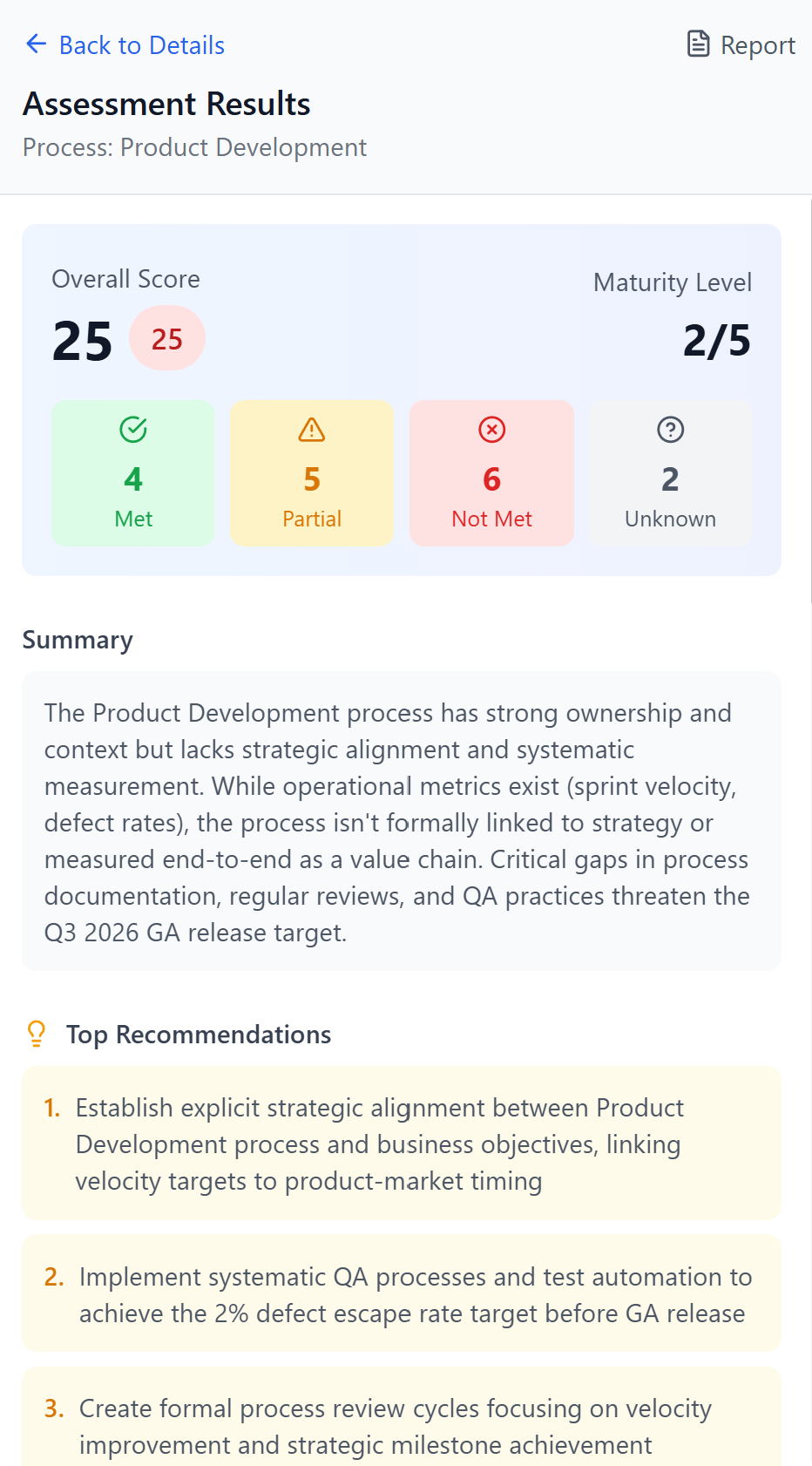 AI assessment results showing best practice compliance scores, summary, and actionable recommendations